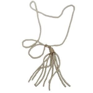 White Faux Pearl Tassel Rhinestone Gold Tone Necklace